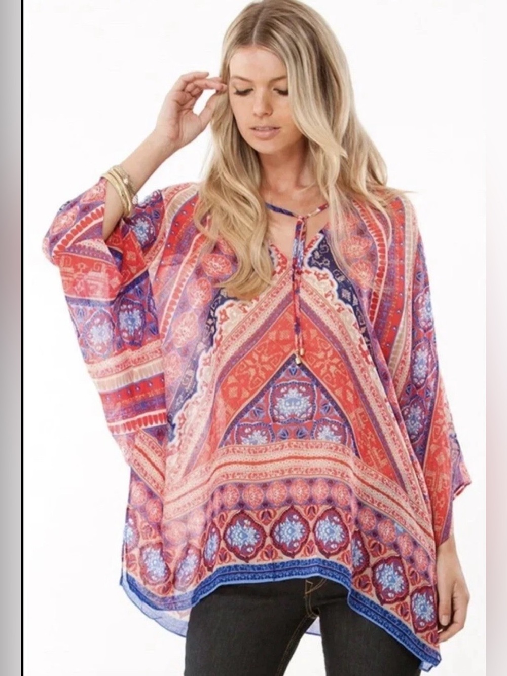 Hale Bob Dija 100% Silk Geometric Print Boho Poncho Kaftan Top Sheer Boho Small